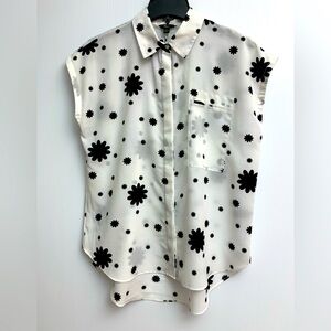 MILANO Black White Flower Print Sleeveless Button Front Collar Shirt Hi-Lo M